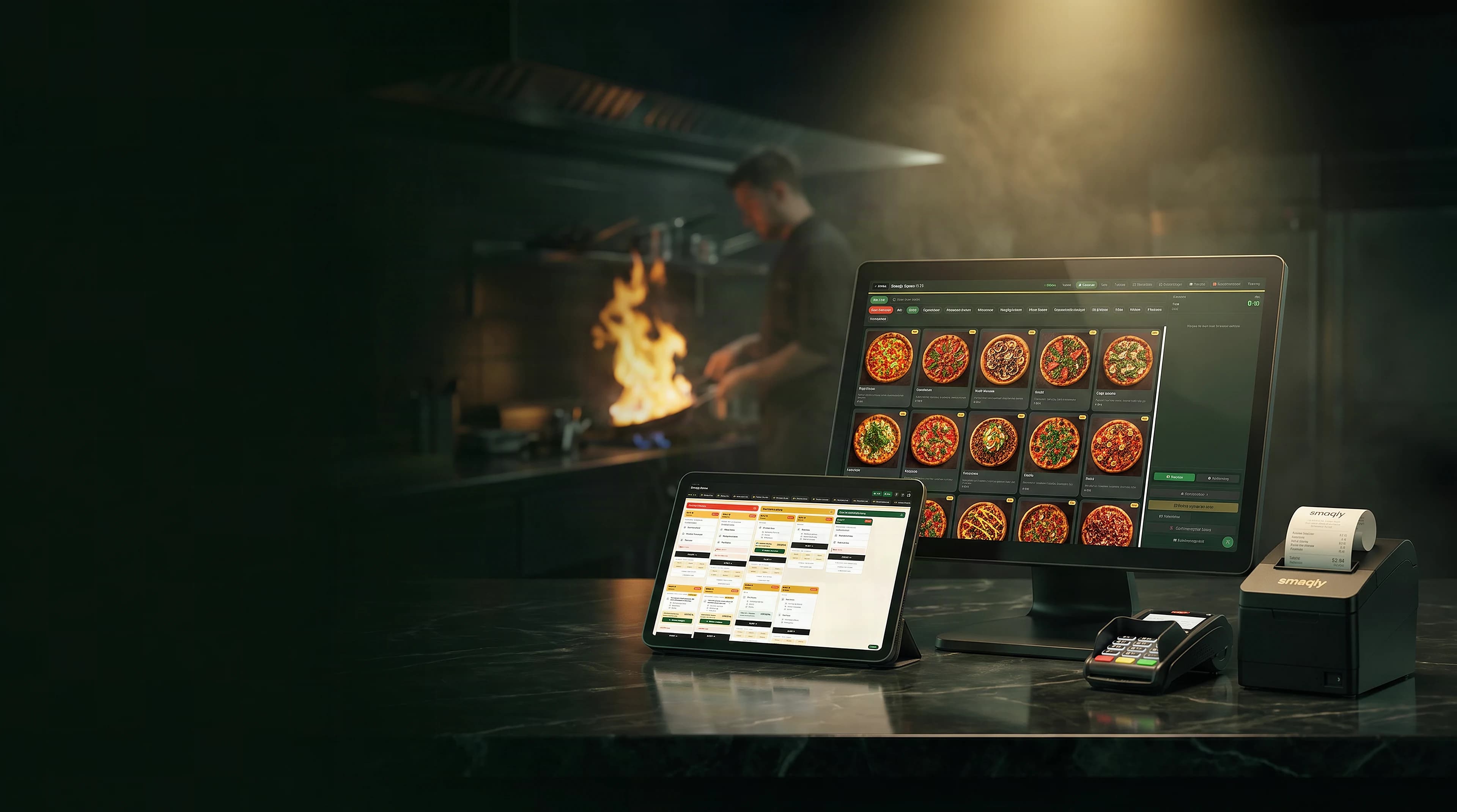 Smaqly POS med pizzamenu, betalingsterminal med godkendt betaling, køkkenskærm og bonprinter foran grøn væg