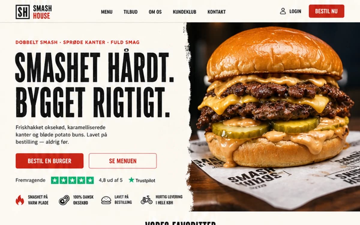 Burger-skabelonen vist som en færdig hjemmeside